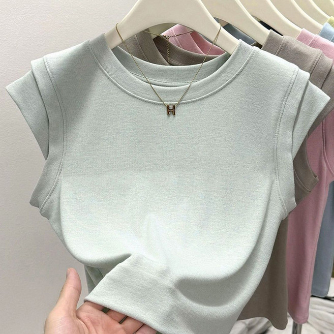 FANSYLI 1+1 베이직 티셔츠 여성 여름 얇은 순면 반팔 티셔츠 2종 세트 솔리드 심플 슬림 티셔츠 오피스룩 X2506J6