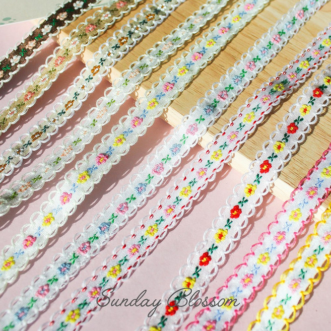 [10색] 플라워 피코트 꽃 자수리본 테이프 자가드리본 리폼 부자재 마스크끈 마스크스트랩 머리핀재료, 05.  아이보리 + 핑크 옐로우, 3개