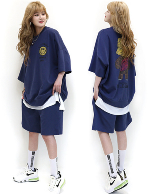 통통마녀 ] 스케치베어 레이어드 반팔 츄리닝 세트 3컬러 / 4XL / 오버사이즈