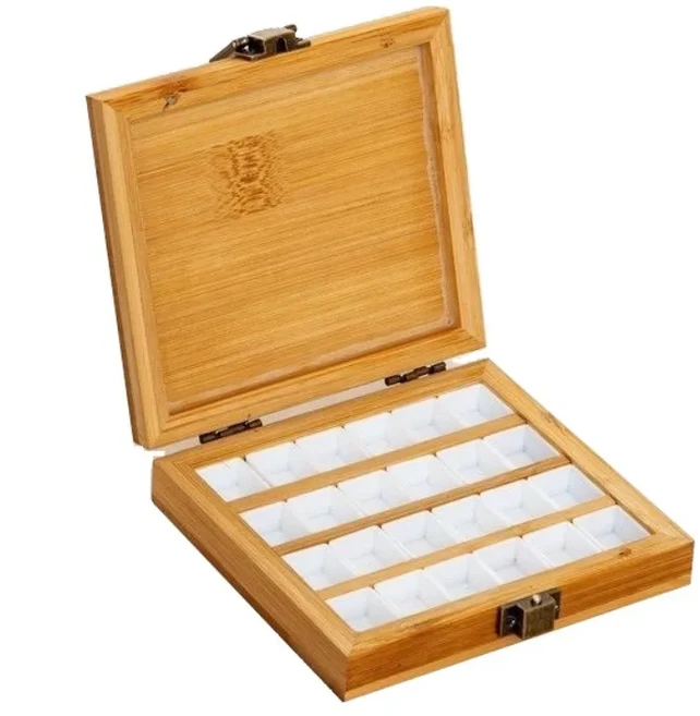 새로운 나무 수채화 팔레트 뚜껑이있는 빈 상자 24/36 그리드 휴대용 페인트 보관 그림 미술 용품, 01 Style 2