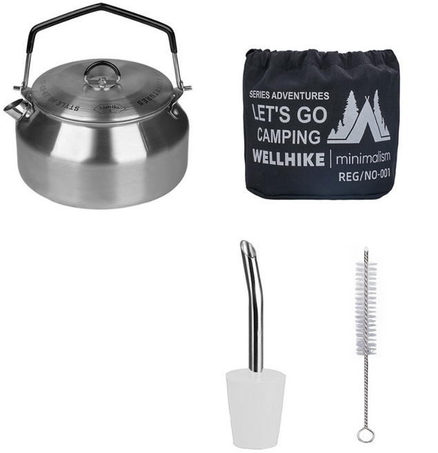 WELLHIKE 304不鏽鋼燒水壺 1L 日式超輕煮水壺 登山野營咖啡茶壺, 1個, 304不鏽鋼燒水壺1L-不鏽鋼+滴濾壺嘴