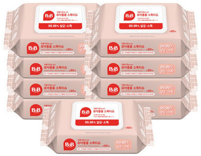 비앤비 자몽식초를 담은 유아용품 소독티슈 캡형 60매-9팩, 60매, 9개