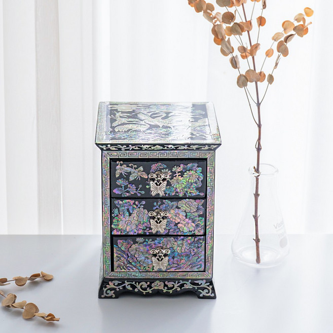 나전칠기 목단송학 3단 서랍 검정 자개보석함 김길수 작품, 1개, 기본포장