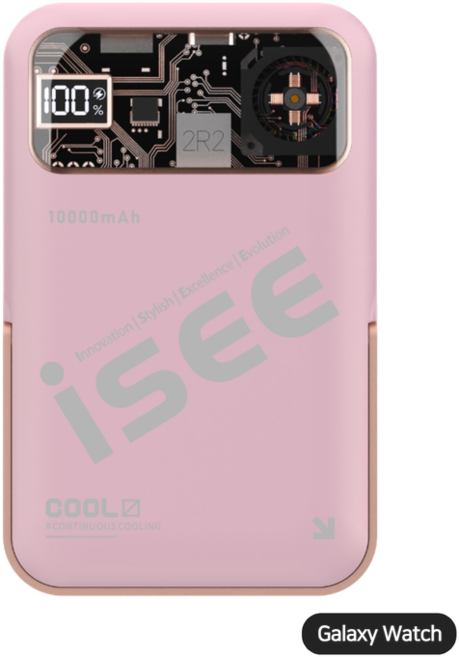 isee 아이시3in1대용량 쿨링 맥세이프 터보 냉각팬 거치대 무선고속충전 리튬 폴리머 보조배터리 10000mAh, 핑크(갤럭시워치 전용)