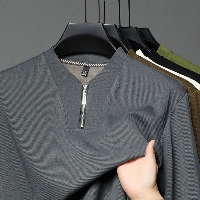 AOKADA 남성 봄 가을 슬림핏 반집업 긴팔 티셔츠 캐주얼 무지 이너티