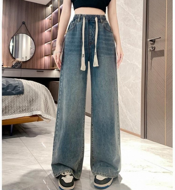 SAHINER 여성 데님 와이드 팬츠 밴딩 스트릿 캐주얼 봄여름 BNZ105