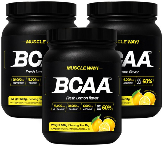 머슬웨이 BCAA 글루타민 타우린 헬스보충제 레몬맛, 3개, 600g