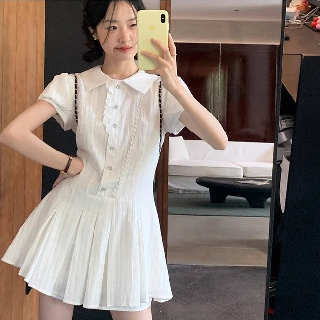 POMTOR 여성 A 라인 플리츠 셔츠형 미니 원피스