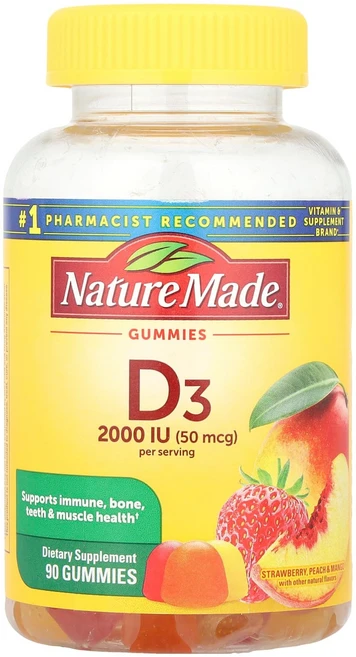 Nature Made 비타민D3 구미젤리 딸기 복숭아 & 망고 구미젤리 90개 (구미젤리 1개당 25mcg(1 000IU)) Made (네이처 메이드), 1개, 90정 - 쿠팡