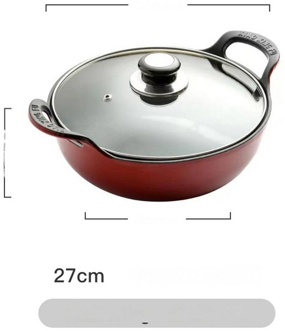 법랑 냄비 예쁜 솥 캠핑 에나멜 비 가정용 스틱 스튜 철 행복 쌀 주괴 작은 주철 수프, 12 27cm 중국 빨강 + 유리 덮개 검은 색과 회색, 1개