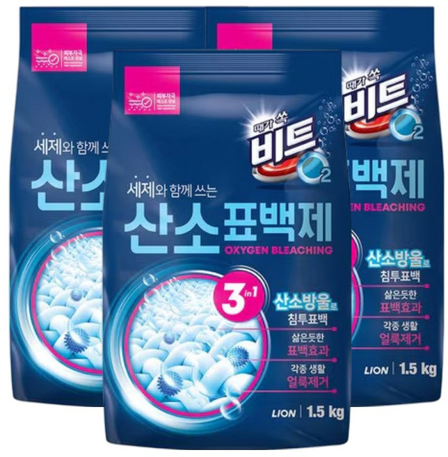 라이온 비트 O2 살균표백제 리필, 1.5kg, 3개입, 3개