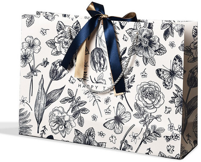플라워 패턴 답례품 리본 종이 쇼핑백 레터링 10매, 10개, 25×12×20cm
