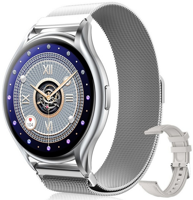 WAPiK 블루투스 스마트워치 Y2 여성 손목시계 가죽시계 AMOLED, 실버, 3.6cm, GPS + 블루투스