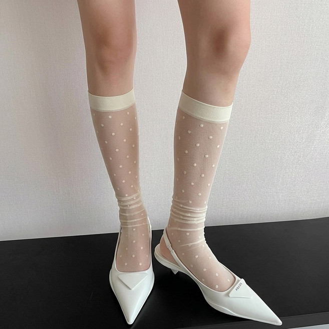 [1+1 세트] 여성 시스루 도트 반스타킹 니삭스 무릎 망사 스타킹 얇은 여름 땡땡이 발레코어 롱 양말