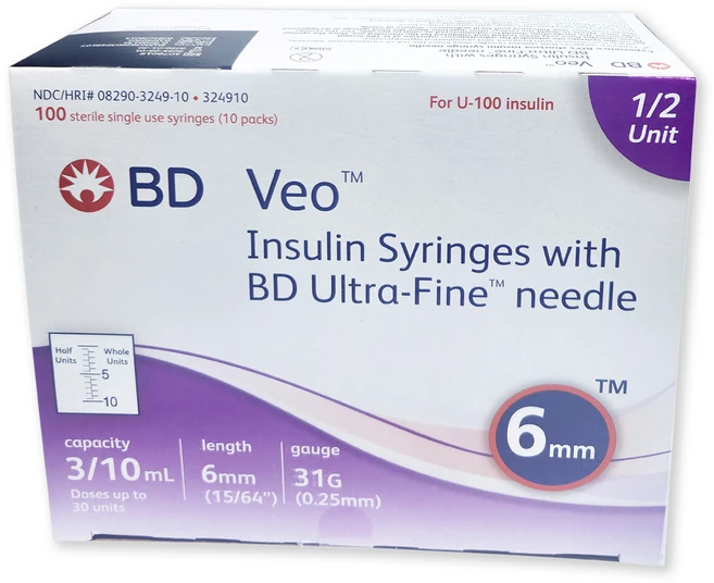 BD 베오 인슐린 주사기 31G 6mm 0.3ml 1/2단위 100매(324910) - 쿠팡