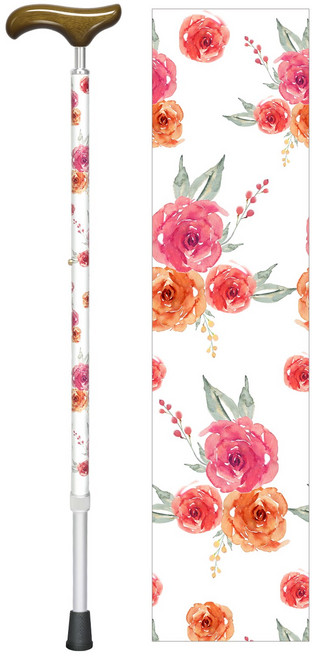 POWER SENIOR 고급 무늬의 신축성 지팡이 예쁜 지팡이 접지 않음, 1개, 핑크 장미꽃과 오렌지 장미，AA3124