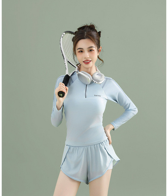 新款女士分體長袖兩件套運動休閒防曬少女學生保守顯瘦泳衣女, 藍色,L45.0 52.5公斤