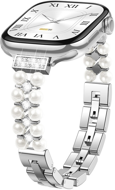 애플워치 11 10 9 SE 호환 슬림 소망망이 더블 비즈 진주 주얼리 메탈 스트랩 팔찌형 시계줄, 실버