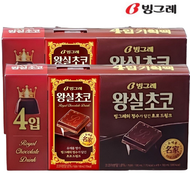 빙그레 왕실 초코 우유 190ml (8팩) 초콜릿 멸균우유, 8개