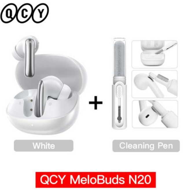 [호환] QCY 멜로버즈 N20 HT20 무선 블루투스 6.0 이어폰 -50dB 적응형 ANC 13mm 드라이버 헤드셋 6개의 마이크 HD 통화 이어버드 40시간, 6)White with Pen
