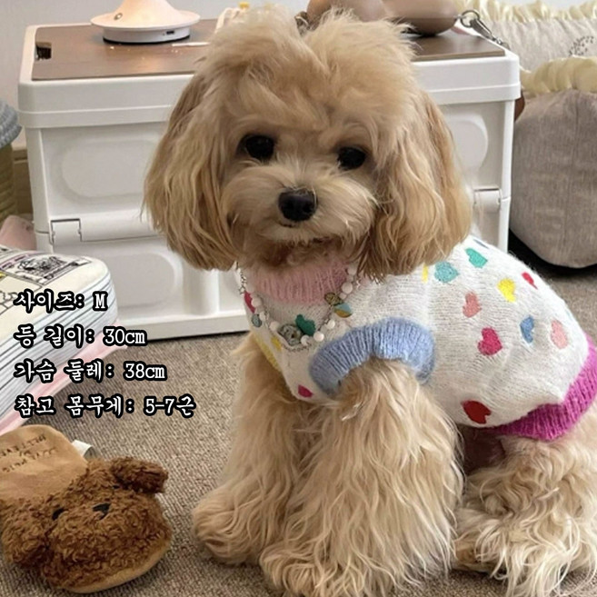푸들 강아지 하트 니트 조끼 귀여운 다색 하트 패턴 실내용외용 소형견 하트 니트 5-7kg 소형견 무지개 하트 니트 스웨터 가을겨울 따뜻한 강아지 옷, 1개, 흰색