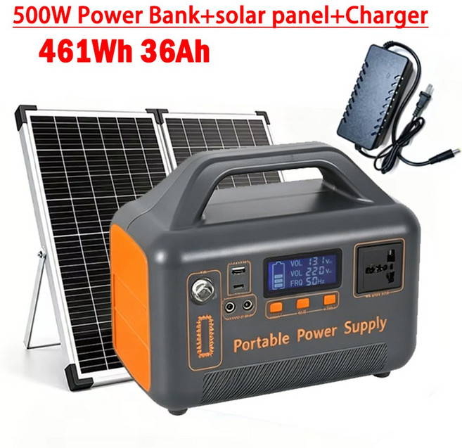 500W 220V 휴대용 비상 LIFEPO4 36AH 대용량 461WH 파워뱅크 RV 태양광 캠핑 에너지용 파워스테이션 발전기, 300W 500W, 220V용, 500W with Solar Pane