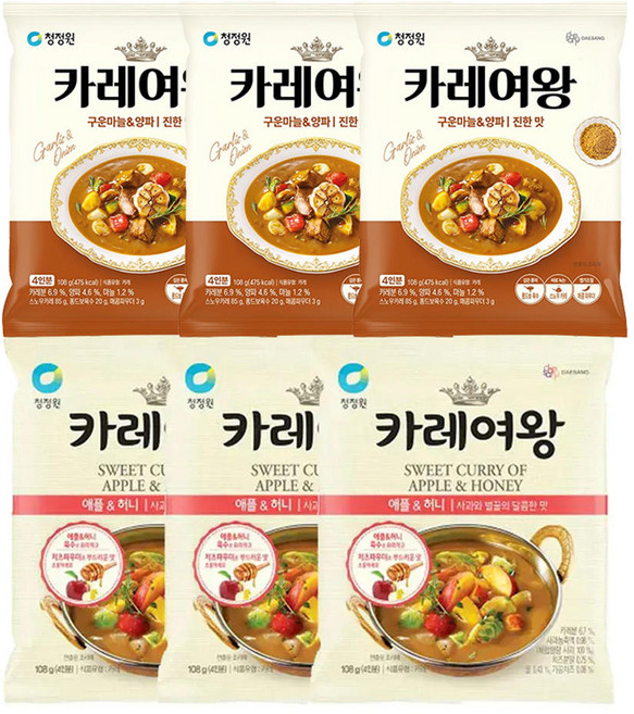 청정원 카레여왕 (분말) 마늘양파 108g 3개 + 애플앤허니 108g 3개, 청정원 카레여왕 (분말) 마늘양파, 108g, 3개 +, 6개