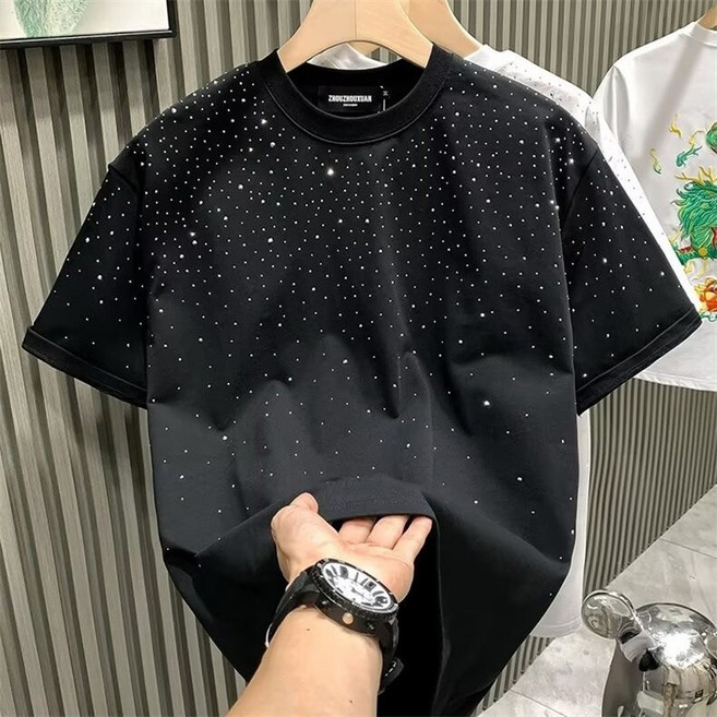 AOKADA 남성 스팽글 라운드 반팔 티셔츠 반짝이 루즈핏 여름 면티