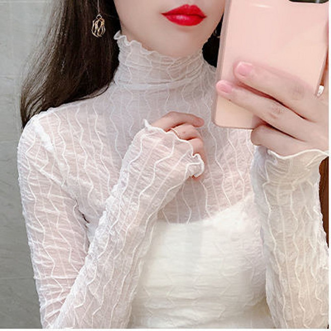 별천지 여성 시스루 폴라티 긴팔 물결 망사 레이어드 이너 하이넥 반폴라 반목티 슬림핏 티셔츠 블라우스