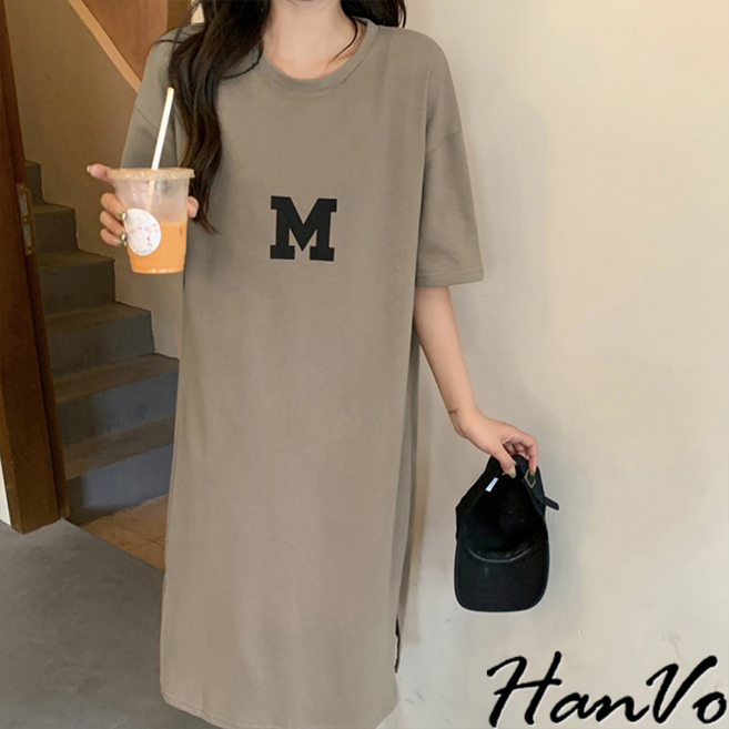HanVo M字母休閒寬鬆顯瘦長洋裝 - 韓系短袖連衣裙, 駝色