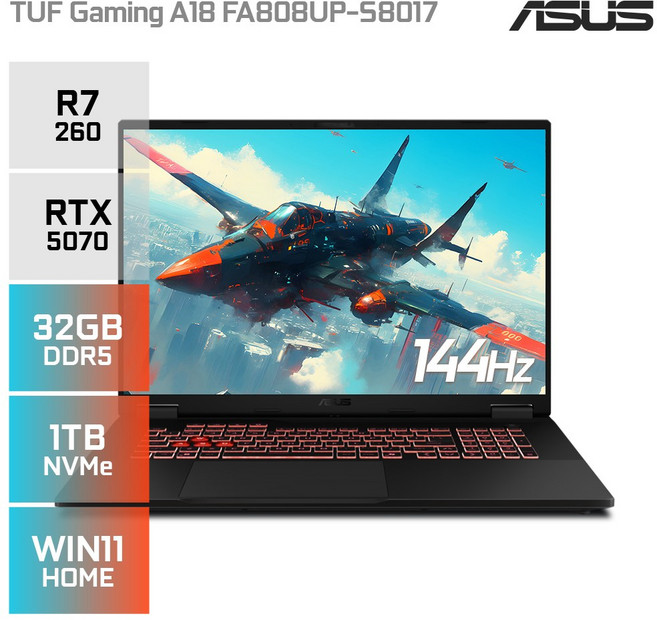에이수스 TUF 게이밍 A18 FA808UP-S8017 AMD 라이젠7 260 지포스 RTX5070 고사양 게이밍 노트북, WIN11 Home, 32GB, 1TB, 블랙