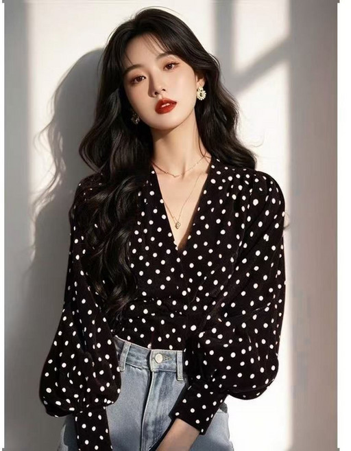 봄 가을 여성 긴팔 셔츠 패션 도트 무늬 블라우스 긴소매 프렌치 스타일 YCY