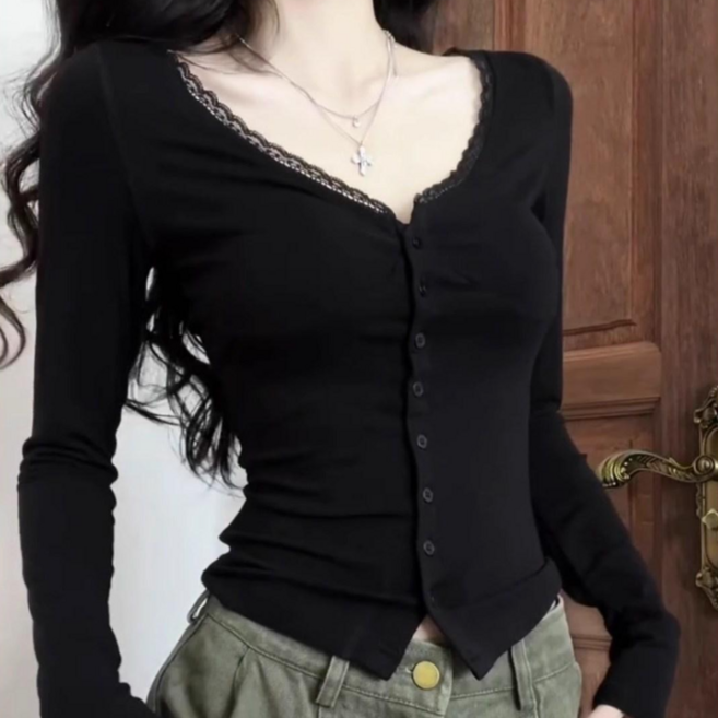 야오야오 유넥 레이스 슬림핏 버튼 긴팔 티셔츠