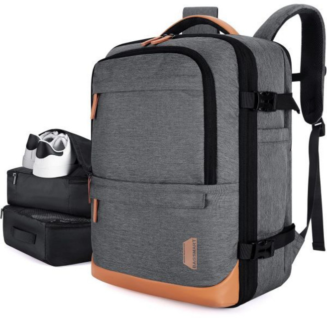 BAGSMART 노트북백팩 노트북가방 백스마트 37L 컴프레션 여행용 백팩 포장 큐브가 있는 확장 가능한 방수 위켄더 17인치 노트북 신발 가방이 러기지 데이팩 그레이