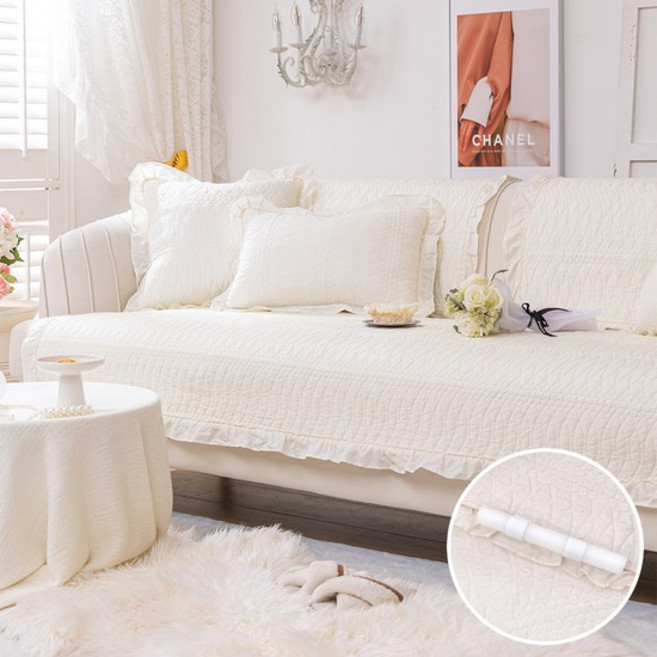 한빛카페트 프릴 순면 넓은 쇼파패드 소파커버 고정형 70x180cm, 아이보리