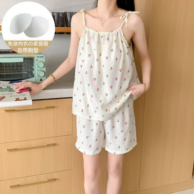 睡衣套裝 帶胸墊 小櫻桃圖案 可外穿家居服