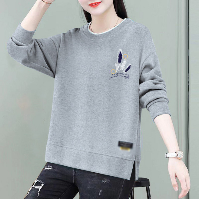 AOKADA 여성 가을 겨울 루즈핏 라운드 기모 맨투맨 티셔츠 옆트임 스웨트셔츠