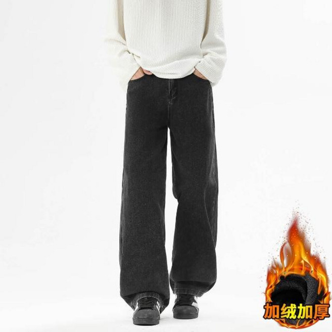 男士直筒牛仔褲：復古休閒、加絨加厚防風防寒保暖長褲 適合戶外徒步登山滑雪運動