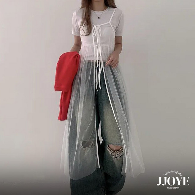 쪼예 레이어드템 시스루 망사 리본 뷔스티에 끈 나시 롱 원피스