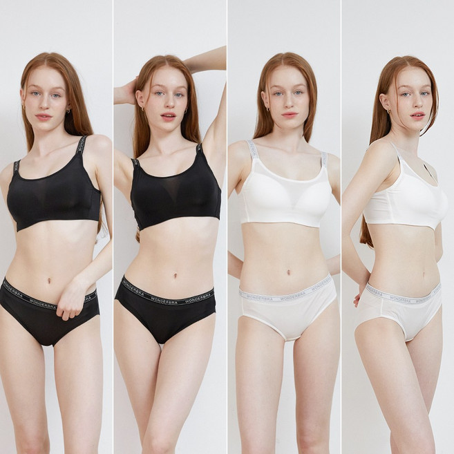 [Wonderbra] 스포츠 메쉬 노와이어 브라팬티 8종세트 아이보리2+블랙2 WBW4N27(2)28(2)_T