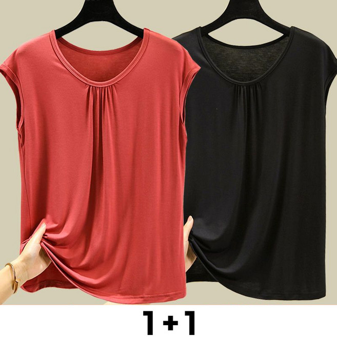 Neirny 1+1 중년 여성 빅사이즈 나시 티셔츠 여름용 엄마룩 스판 냉장고 루즈핏 민소매 나시 이너티 슬림핏 쿨링 데일리 풀오버 편한 상의 2매입