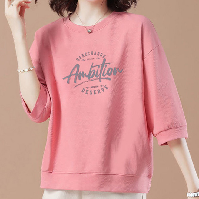 ROYALBELLE 여성 라운드넥 레터링 7부소매 면 루즈핏 캐주얼 맨투맨 V01012802