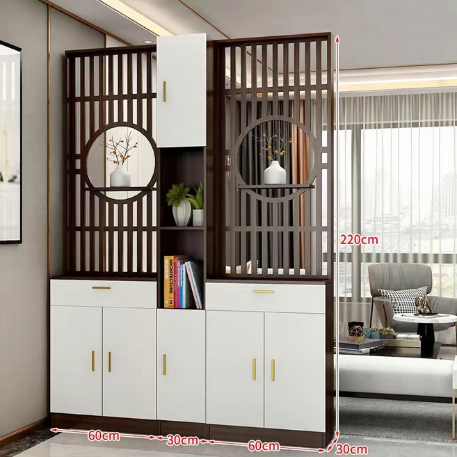 新中式 屏風隔斷 客廳 玄關櫃 鞋櫃一體 入戶門儲物櫃, 高220*150cm拼色款上下平板門