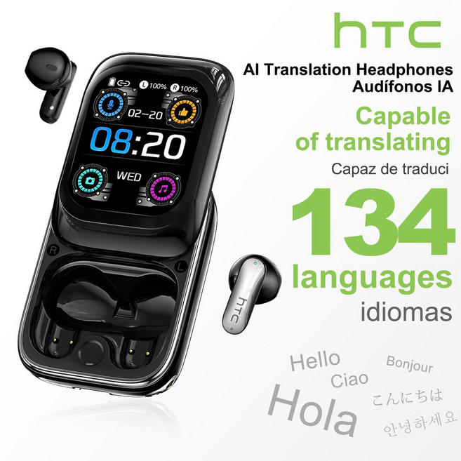 HTC NE48 측면 슬라이딩 플립 블루투스 이어폰 AI 번역 HD 터치스크린 인이어 무선, bla AI