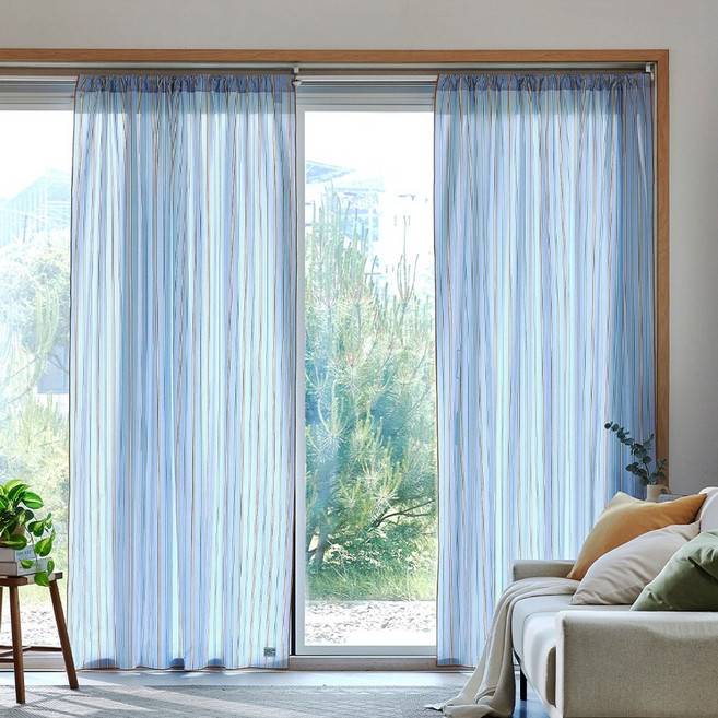 [모던하우스 인천점] 뮤트 스트라이프 면 봉집형 긴창문커튼 140x235 블루 -[BL3325018]