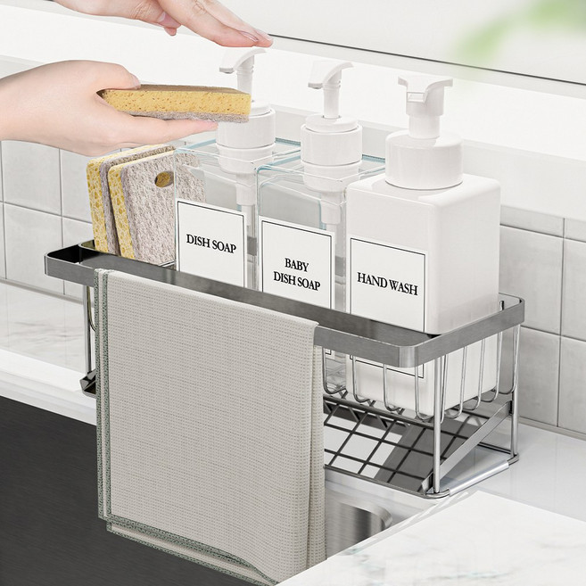 모든집 304 스텐 와이드 행주걸이형 수세미거치대, 와이드행주걸이형+칸막이2P(색상:스텐), 1개, 걸이바형+칸막이2P(색상:스텐)