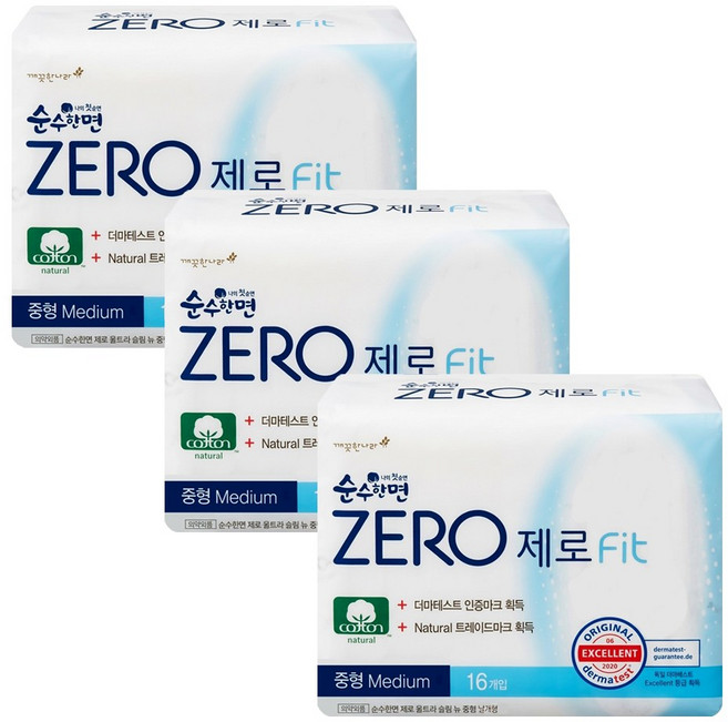 깨끗한나라 순수한면 ZERO 울트라슬림 뉴 중형 날개형 16p X 3개, 16개입