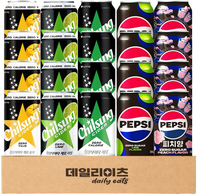 [데이리이츠] 펩시콜라 칠성사이다 뚱캔 5종 4캔씩 20캔 (펩시제로라임 펩시제로피치향 사이다제로 사이다제로유자 사이다제로라임), 1박스, 355ml