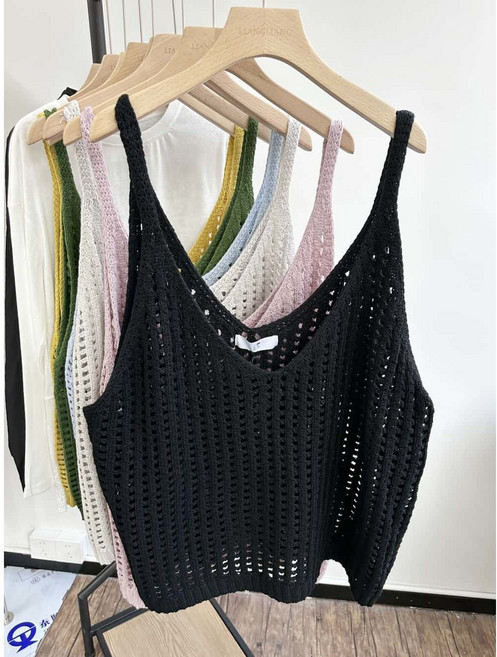 여성 뷔스티에 니트 조끼 캐주얼 민소매 펀칭 니트 티셔츠 슬림핏 봄 여름 끈나시 니트 뷔스티에 ZZL