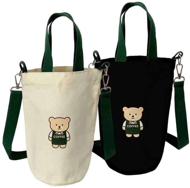 티모바 1+1 텀블러 물병 가방 크로스백 에코백 물통 파우치, 1세트, 곰돌이 라지 아이보리+블랙